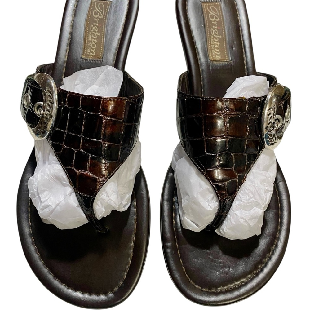 Brighton Made in Italy Wedge Thong Sandals w/ Silver Western Buckle Sz 8